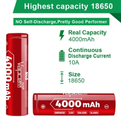 Аккумулятор Li-Ion высокотоковый Vapcell INR18650 N40 (длина 65 мм, 3,6/4,2 В, 10 A, 3839 мАч, 15 мОм)