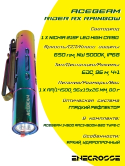 Фонарь Acebeam Rider RX Rainbow (1xАА/14500, 1хNichia 219F CRI90, 650 лм, 96 м)