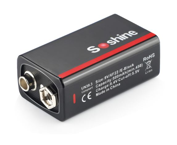 Аккумулятор Li-Ion Soshine USBLi-7.4V-500 (Крона 6F22, 7,4/8,4 В, 500 мАч, ЗУ USB-C, индикатор заряда)