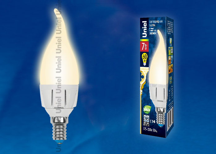 UnielLED-CW37 7W-WW-E14-FR 3000K свеча