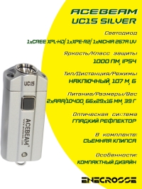 Фонарь-брелок Acebeam UC15 silver (2хААА/10400, XPL-HD/Red/UV, 1000 лм, 107 м)